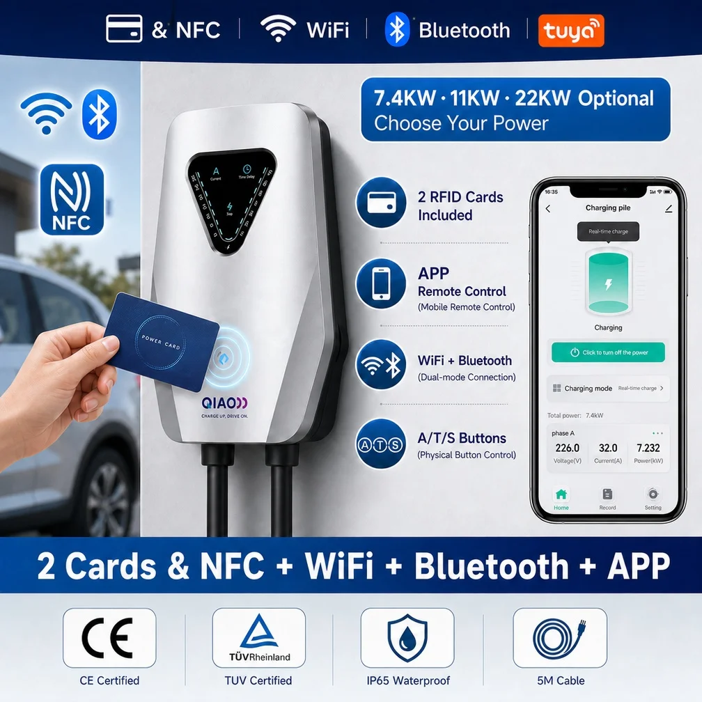 7.4/11KW 22KW Type2 Wallbox EV Charger 32A 16A Electric Vehicle Car Charging RFID Card WiFi BT APP Control Adjust Current Timer