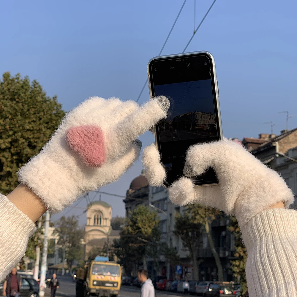 Gants à écran tactile résistants au froid pour femmes, mitaines unisexes en peluche Love Coussins, velours souriant, sports de plein air, cyclisme, hiver