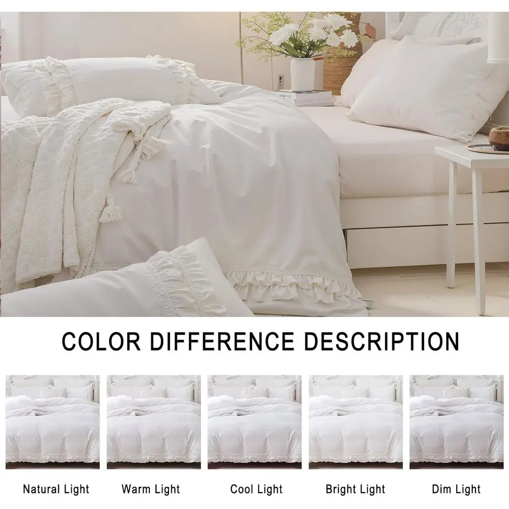 مجموعة غطاء لحاف مكشكش من القطن بحجم كوين - سرير أبيض أنيق على طراز المزرعة مع لحاف لطيف