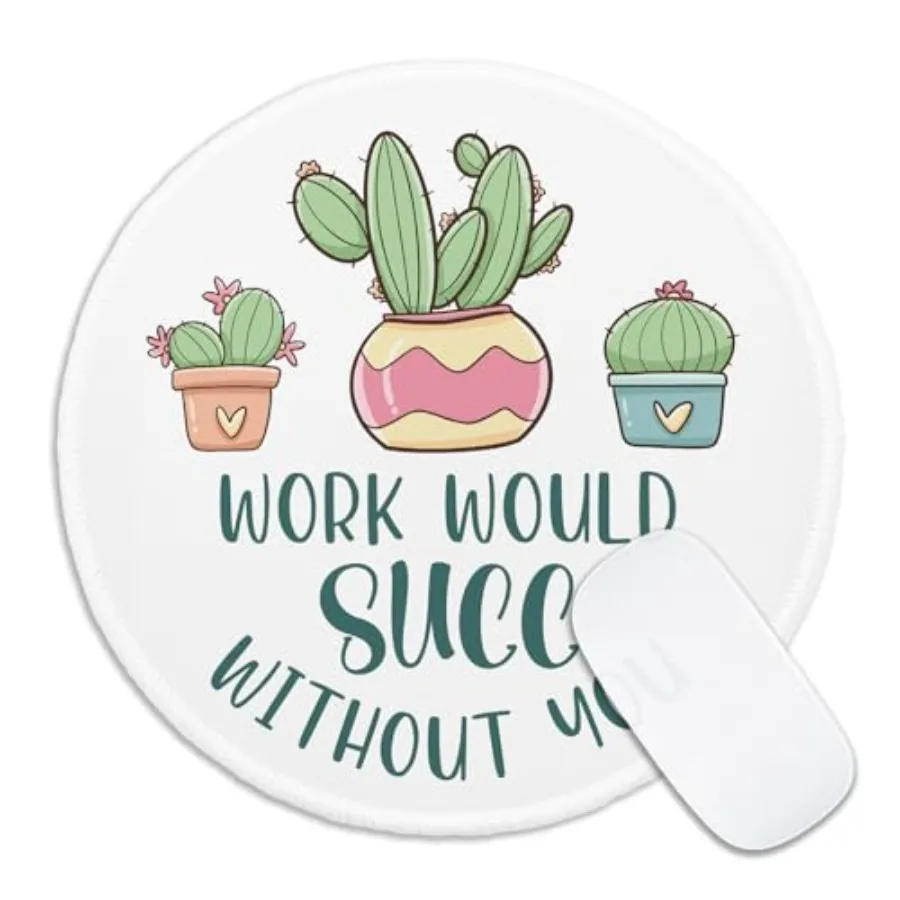 Funny Succulent Round Mouse Pad, Work Would Succ Without You Mousepad for Desk, Cute Cactus Mouse Mat with Non-Slip Rubber Base