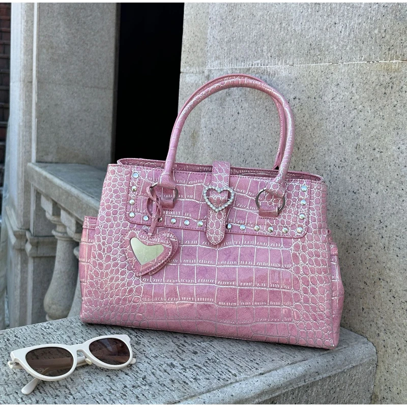 Umhängetasche mit Krokodilmuster und Prägung, Damenhandtasche mit großem Fassungsvermögen, Designer-Aktentasche, Y2k-Mädchen-Pendlermode-Handtasche, Rosa – Detail 8