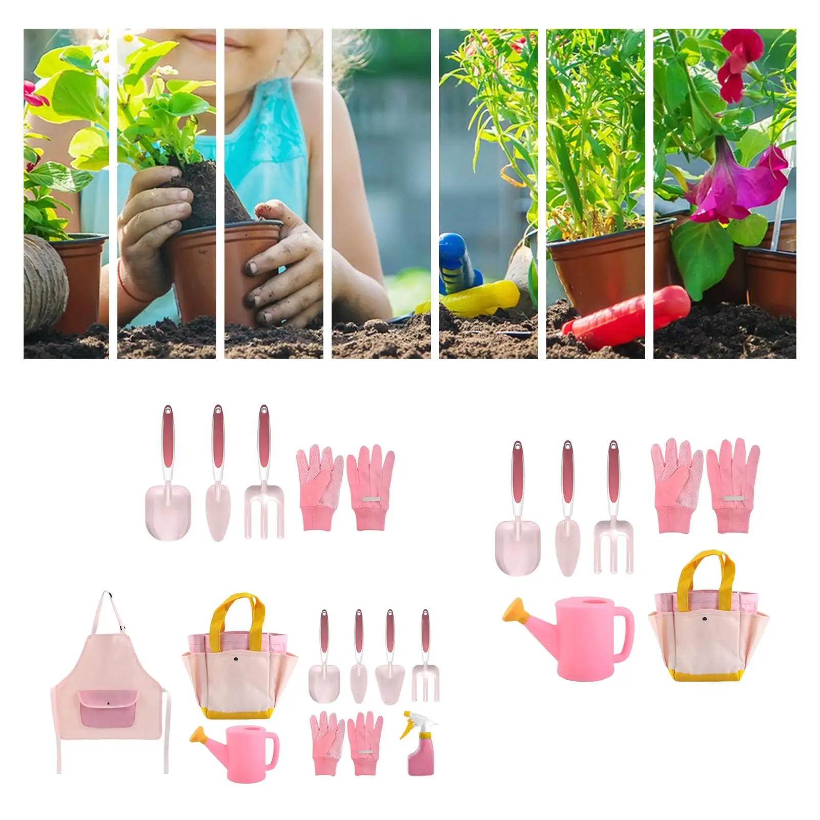 Ensemble d'outils de jardinage rose pour enfants, gants, râteau, bords arrondis, cadeaux de vacances, accessoire, taille compacte, robuste