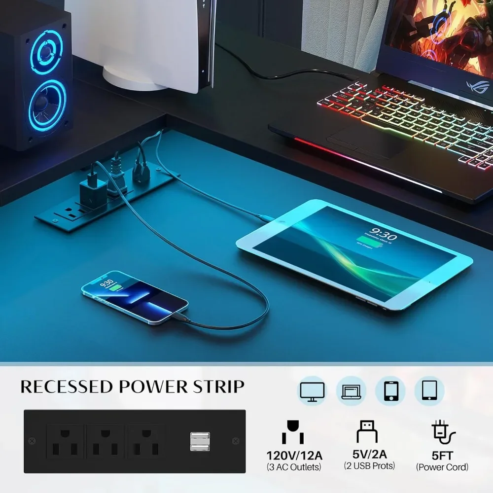 L Shaped Desk with Power Outlet and LED Strip, Reversible L Shaped Computer Desk with File Drawer,Corner Desk for Gaming Writing