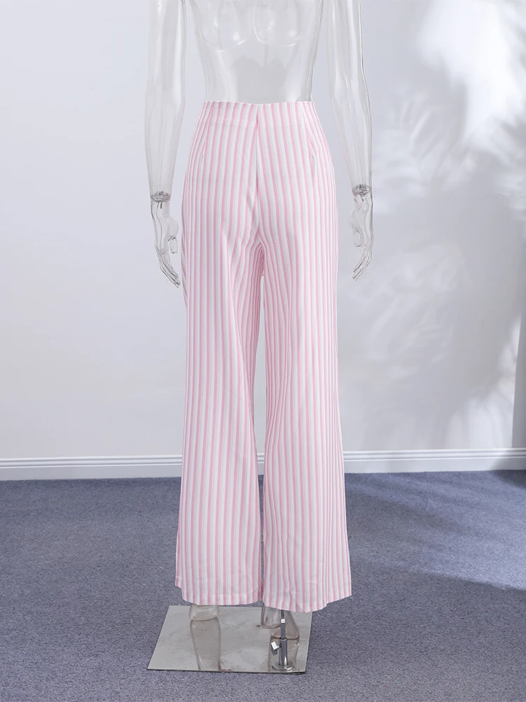 Verstellbare gestreifte Hose für Damen – Streetwear mit hoher Taille, Schnürung, weitem Bein und charmantem Panel-Design – Neu – Detail 3