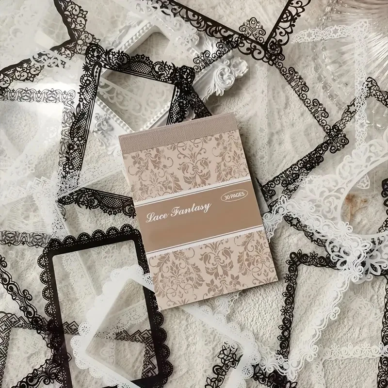 30pcs, Vintage Style Black And White Lace Stickers Book DIY Diary Junk Journal Decoration Collage PET Sticker Album Scrapbooking