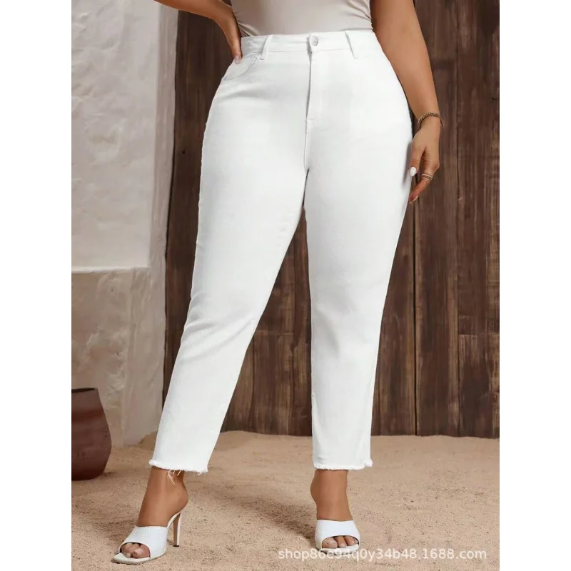 Cross-Border European and American White Stretch Denim Straight-Leg Pants Cigarette PantsTEMUAmazonSHEINForeign Trade Factory Ov