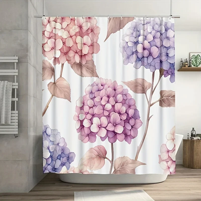~O~1pc Pastel Hydrangea Shower Curtain - Seamless Design, 71x71 Inch, Polyester, 12 Hooks, Hand Wash, Summer Bathroom Decor