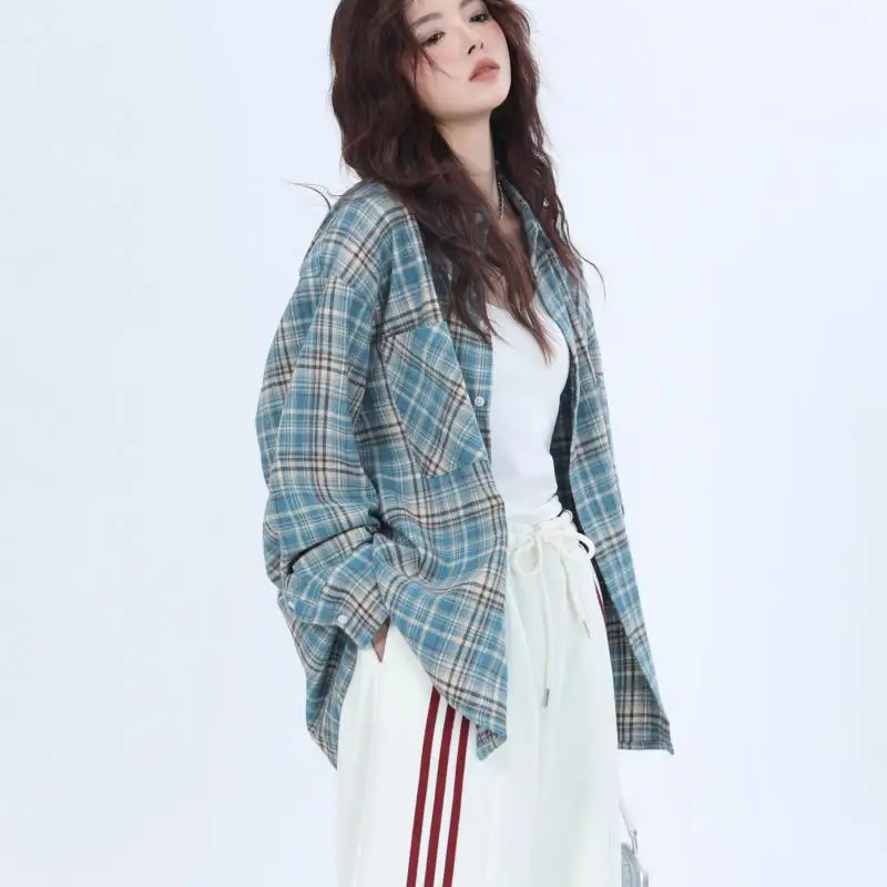 Tawaaiw Blue Plaid Shirt Women Clothes Long Sleeve Tassels American Retro Streetwear Single Breasted Loose Spring 2024 Blouse