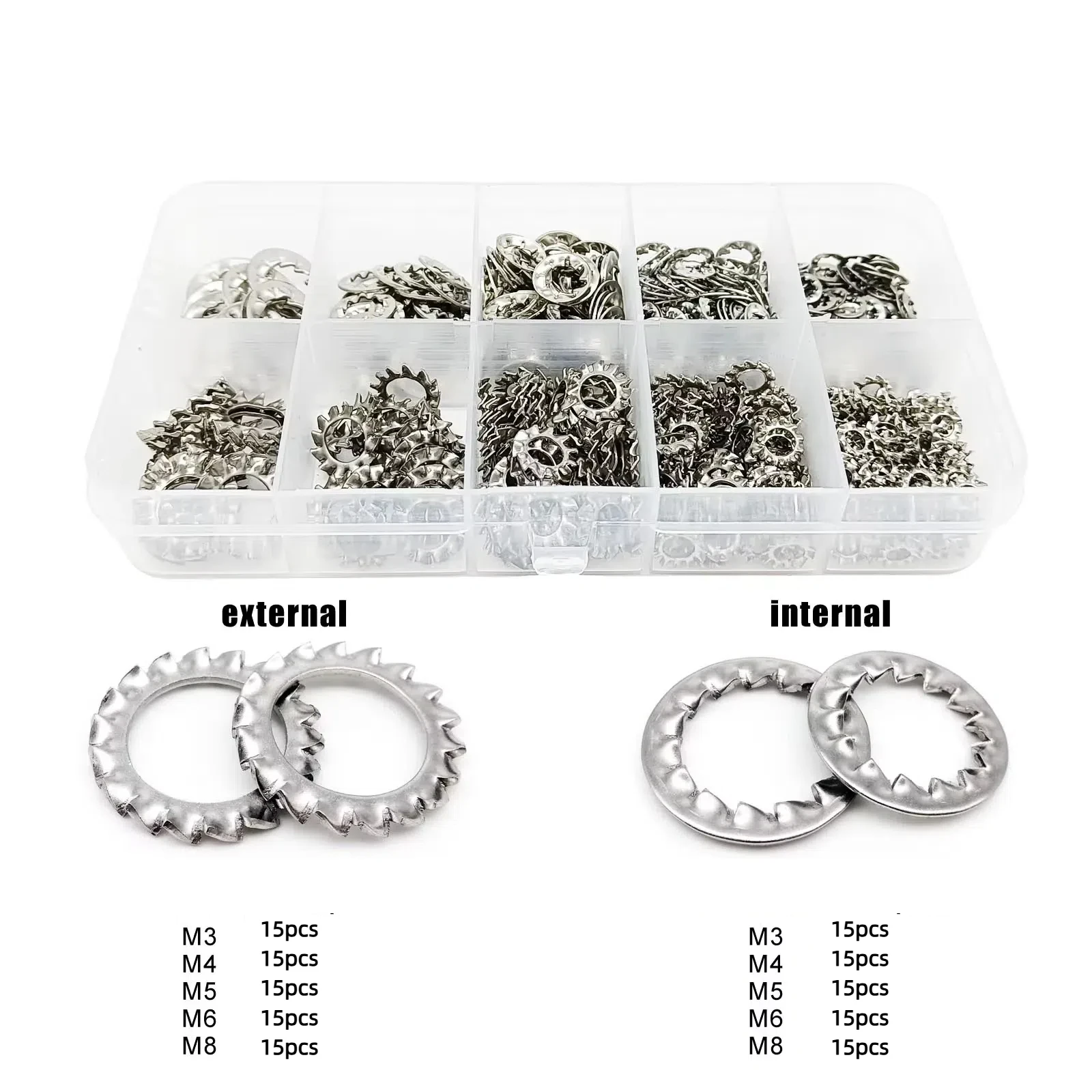 150pcs Assorted External & Internal Toothed Serrated Lock Washers M3-M8 Stainless Steel 304 A2-70 Set for Hardware