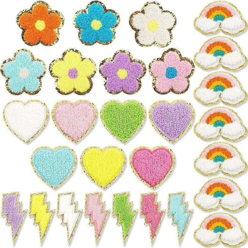 28pcs Chenille Patches Sew Iron on Colorful Smile Face Heart Embroidered Applique for Jacket Jean Hat Bag Clothes Repair Decor