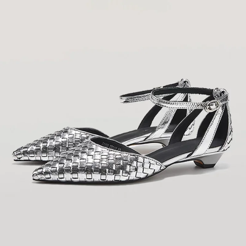 

Женские элегантные сандалии на низком каблуке с острым носком, женская обувь, лето 2021, дизайнерская новая сексуальная тканая обувь, модельные брендовые сандалии Muje