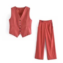 New Autumn Elegant Women's Suit Vest Slim Fit Single-Breasted Sleeveless Jacket Wide Leg Pants Waistcoat For Business Office