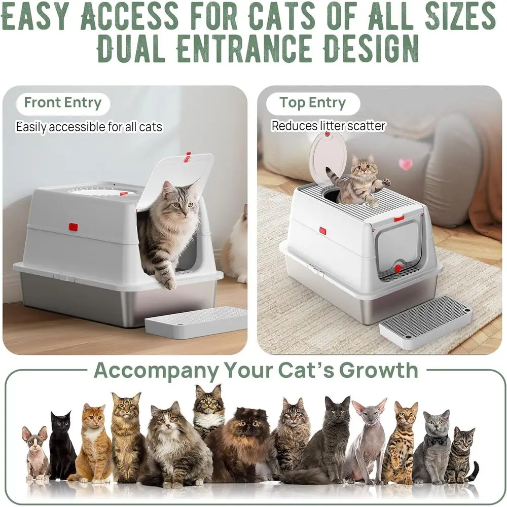 صندوق نفايات كبير جدًا من الفولاذ المقاوم للصدأ مع غطاء قلاب، تنظيف ذاتي، دخول علوي عالي الجوانب للقطط الكبيرة، فلتر كربون مدمج