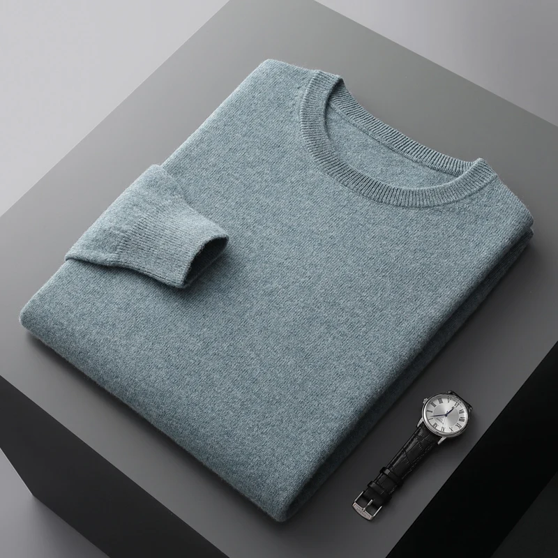 100% merino wool men's sweater O-neck knitted long-sleeved men's pullover basic solid color casual fashion men's top