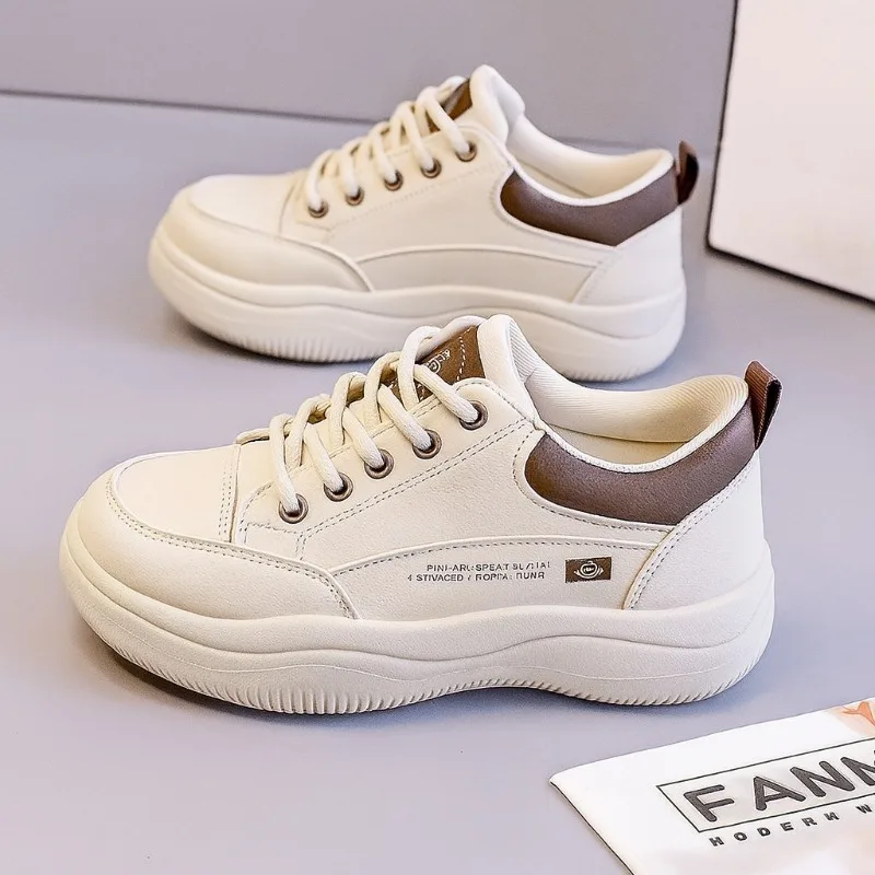 Women's Spring Autumn New Style Leather Surface Running Shoes Comfortable All-Match Thick Bottom Sports Sneakers