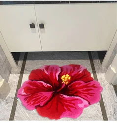 80X60cm Red Hibiscus Flower Flocking Rug Bathroom Bath Mat Non-slip Carpet Bedroom Living Room Handmade Shaggy Floor Pad Doormat