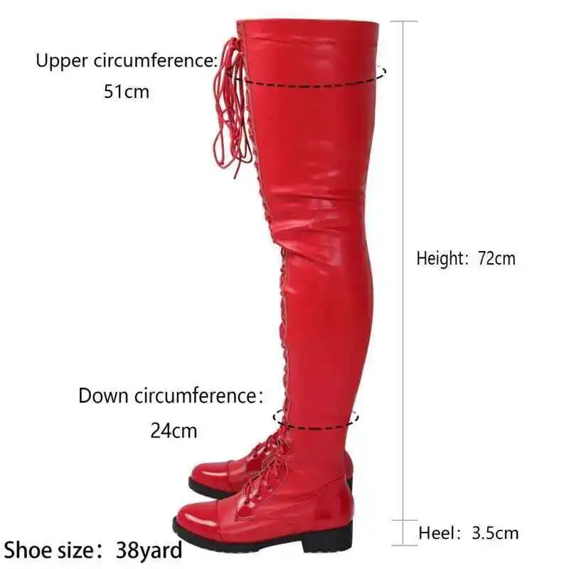 Lace Up Bar Nightclub Women\'s Over The Knee Boots Big Size 34-46 Low Heels Boots Side Zip Black Red Long Boots