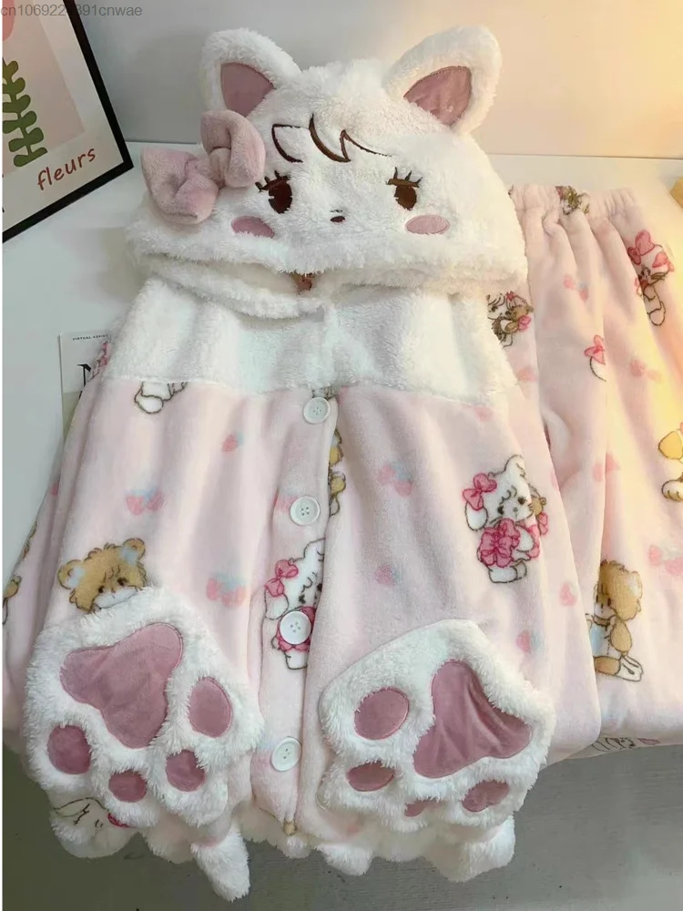 Kawaii Mikko Coral Plush Sleepwear Set Female Cartoon Cute Warm Pijama Pjs Thickened Home Fur Sleeping Wear Two Piece Set Girls