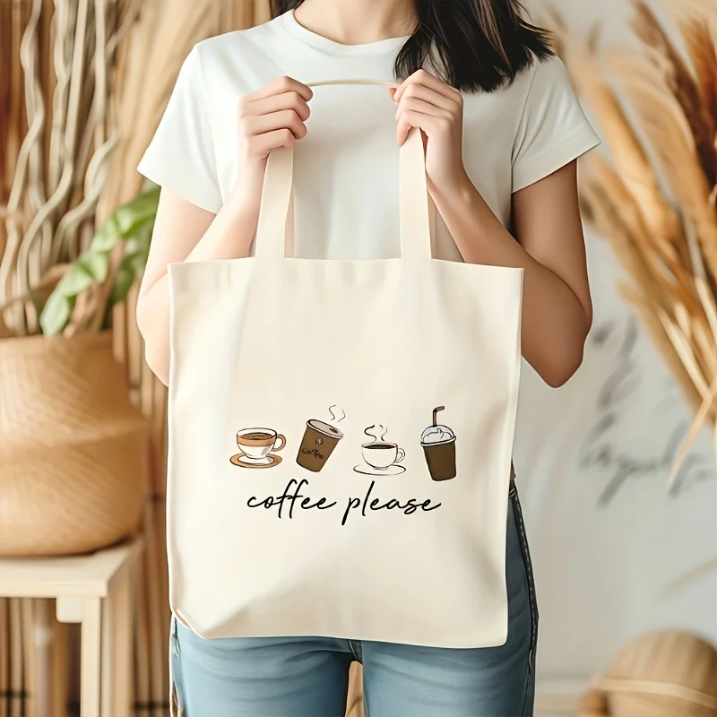 One Printed with“Coffee Please”Four-Cup Coffee Cup Shoulder Bag，Minimalist Latte，Takeaway Cup and Iced Coffee Illustration Print