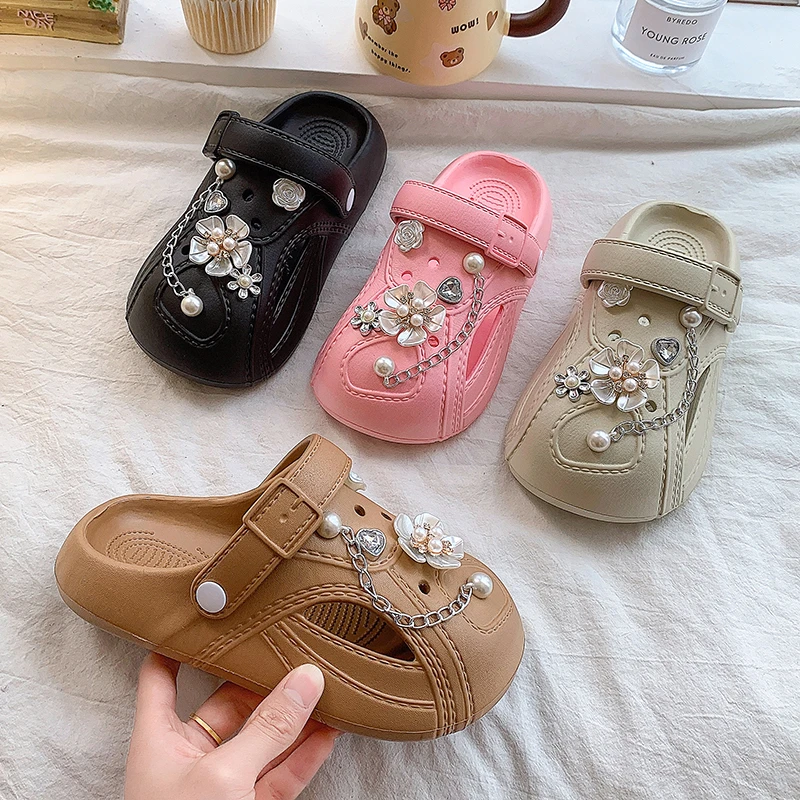 Children's Casual Thick-soled Comfortable Slippers Summer Girls' Fashion Chain Design Non-slip Joker Trend Hollow Beach Sandals.