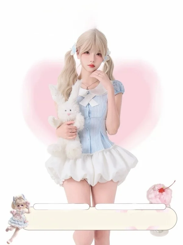 

Korean Style College Girl Doll Collar Blue Striped Shirt Puffy High Waist Flower Bud Skirt Pants Two Piece Set