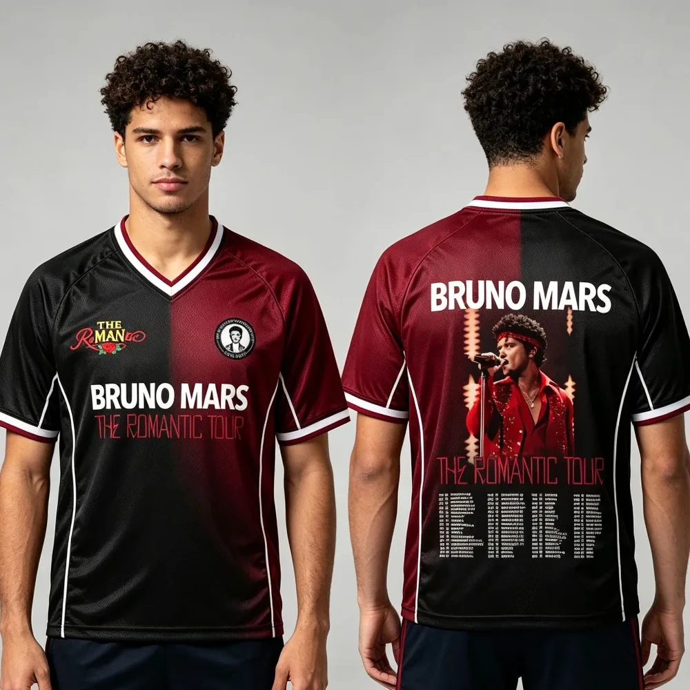 Bruno Mars The Romantic Tour 26-27 Soccer Jersey Unisex Men Women V Neck Short Sleeve Music Tour 3D Breathable T-shirts Fans