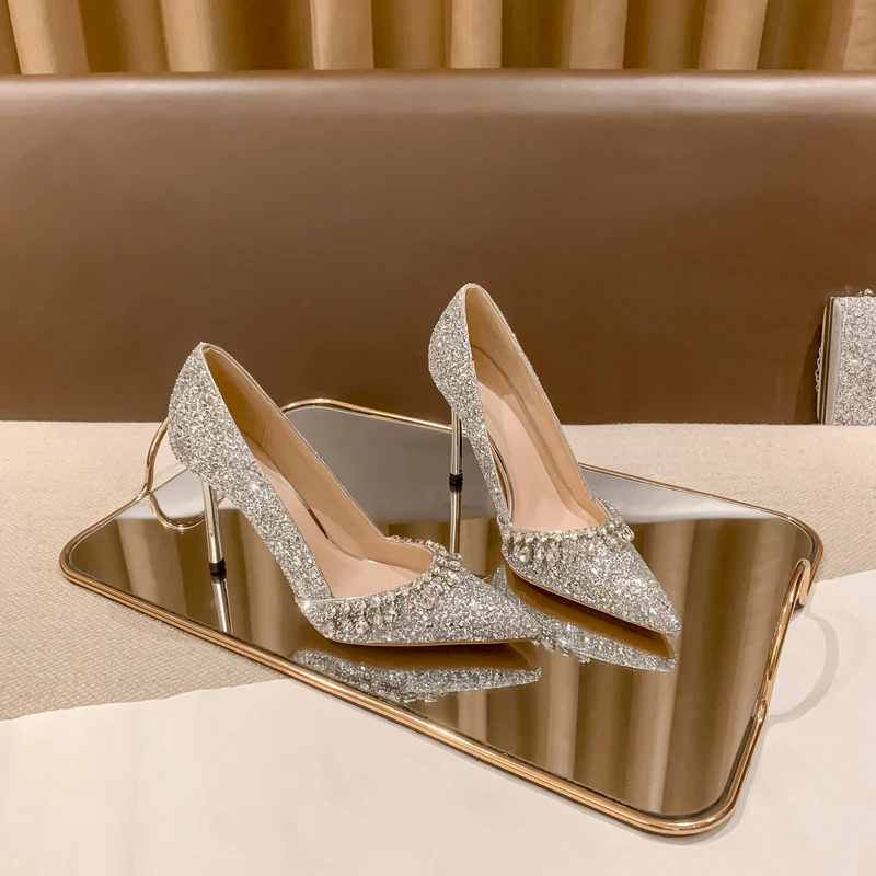 

Rhinestone Stiletto Pointed Toe Pumps Crystal Shallow High Heels Sequin Bridal Thin Heel Sandals Women Shoes Sandalias Mujer