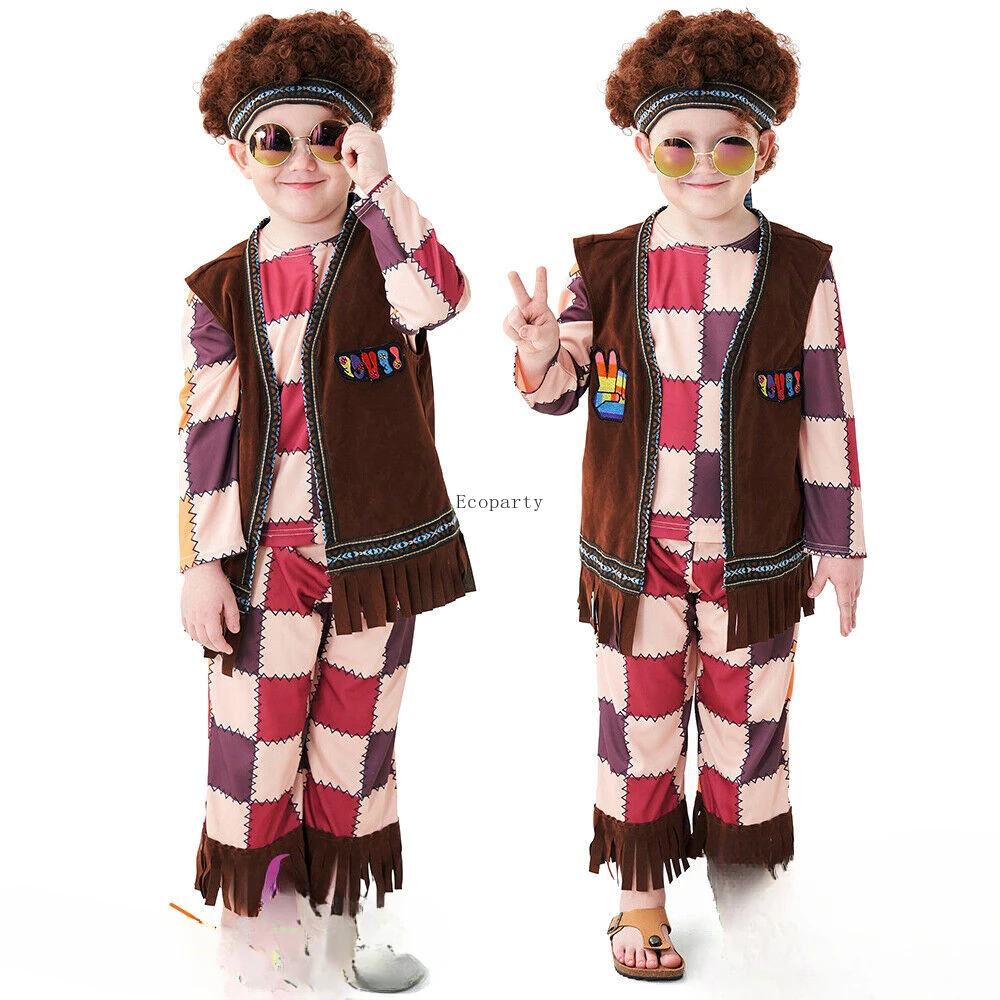 Kids Hippie Hippy Costume Boys Child 1960s 1970s Retro Groovy Go Go Disco Party cosplay costumes BOOK week fancy dress ecoparty