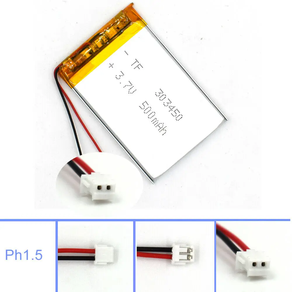 3.7 فولت 500 مللي أمبير ليبوليمر 303450 مع 2Pin جست التوصيل بطارية قابلة للشحن خلية ل مصباح كاميرا ليد غس مسجل قارئ