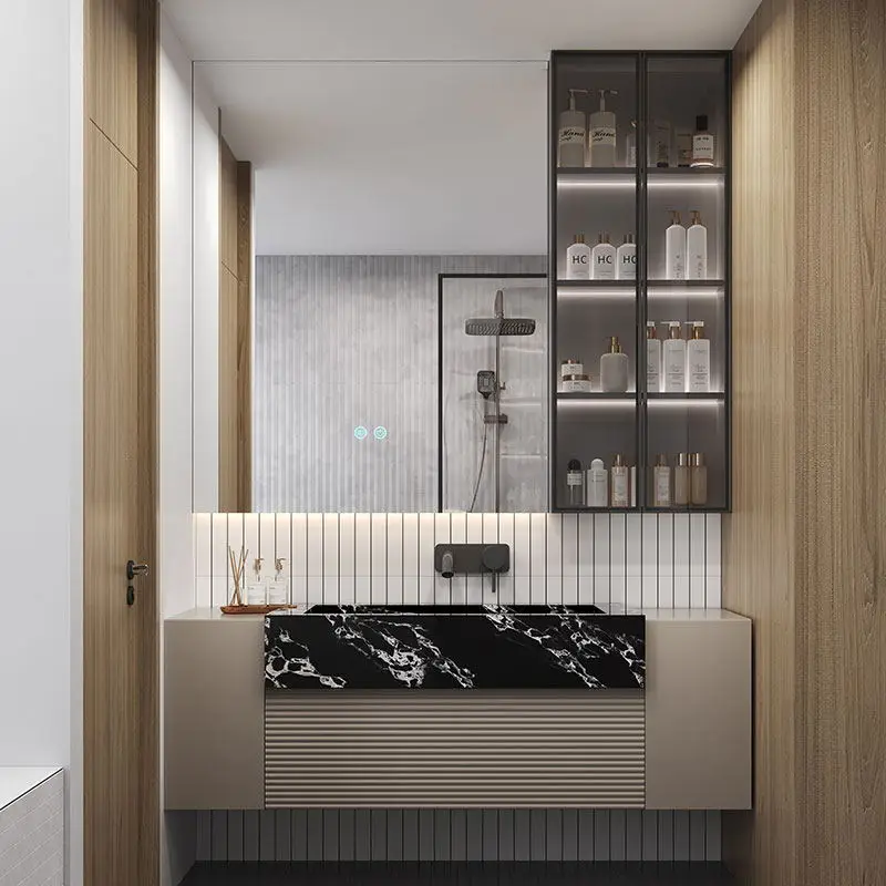 

Italian hotel wind washstand rock slab ceramic integrated seamless basin bathroom cabinet