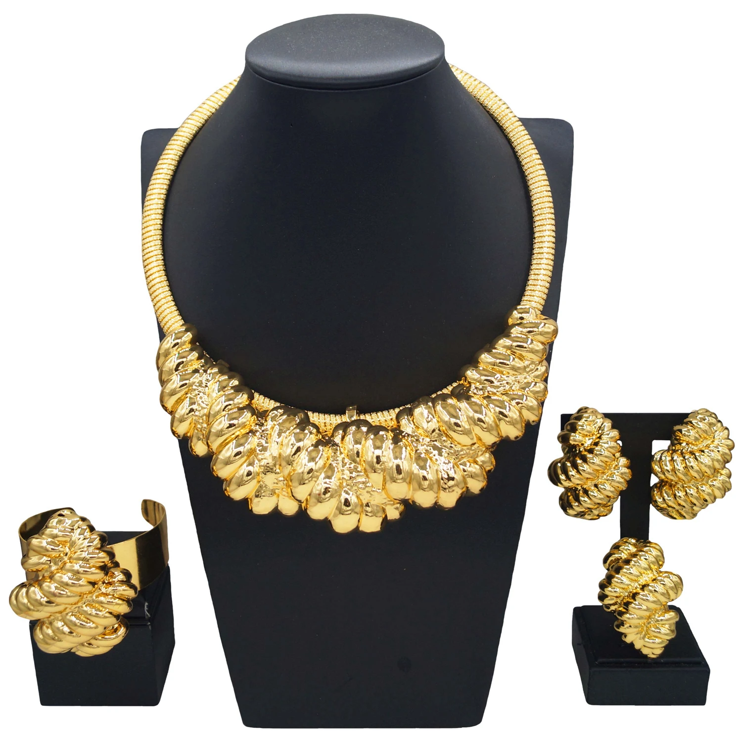 Italy Gold Plated Jewelry Set For Women Classic Design Necklace Hoop Earrings Bangle And Ring New In Fashion 4PCS Set Jewelry