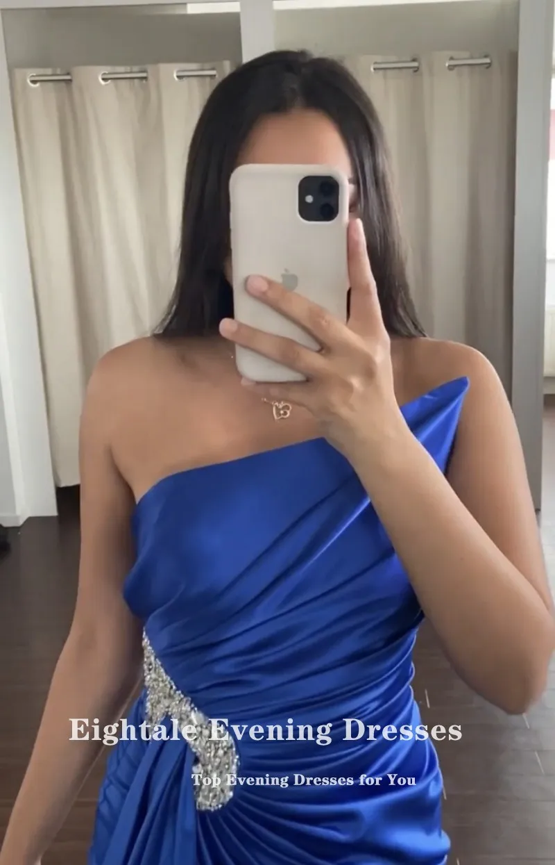 Eightale Royal Blue Evening Dress for Wedding Party Satin Beaded Customized Arabic Elegant Long Prom Gowns Celebrity Gown