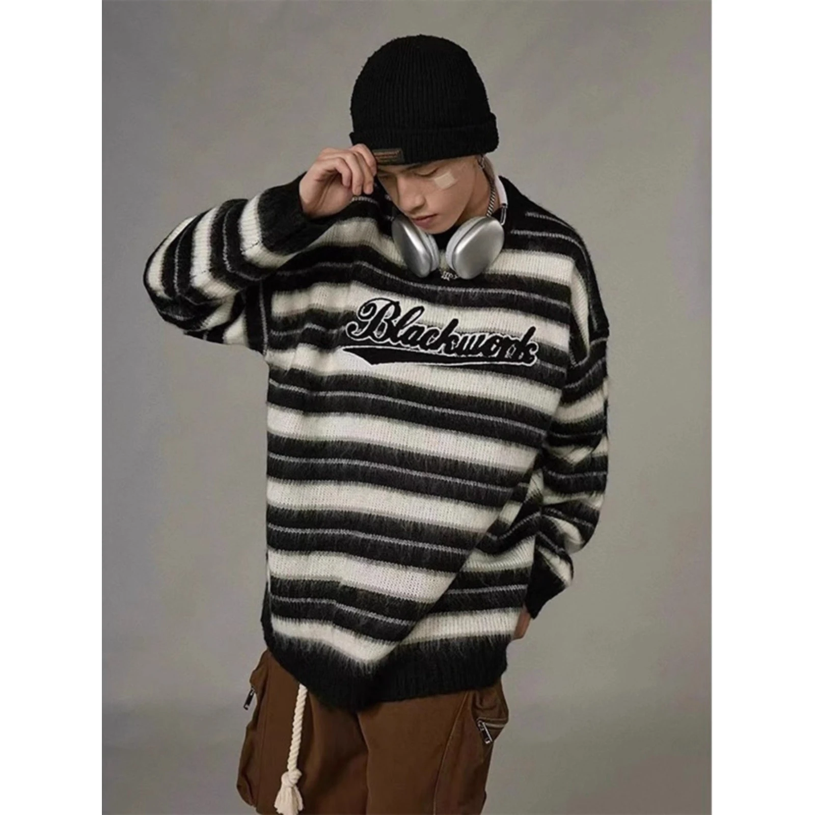 

Свободный мужской вязаный свитер, осенне-зимний дизайн в полоску, тяжелый вес 300, повседневный трикотаж из полиэстера, топ