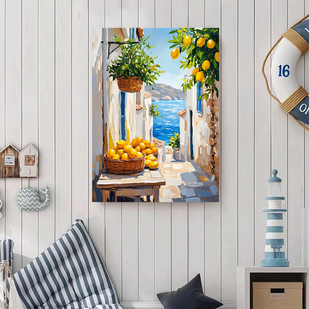 1PC-Unframed Canvas poster wall decoration  Mediterranean Lemon Alley Coastal Village Art Print