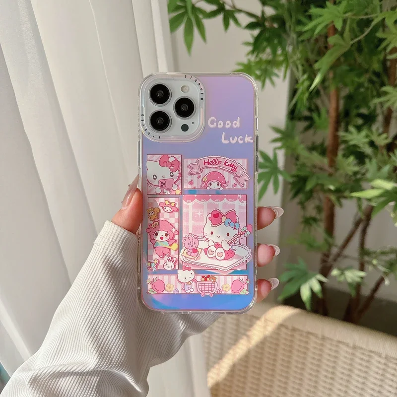 Cute Cartoon Sanrio Hello Kitty Laser Blu-ray Phone Case Phone Case For iPhone 15 14 13 12 11 Pro Max Shockproof Hard IMD Cover