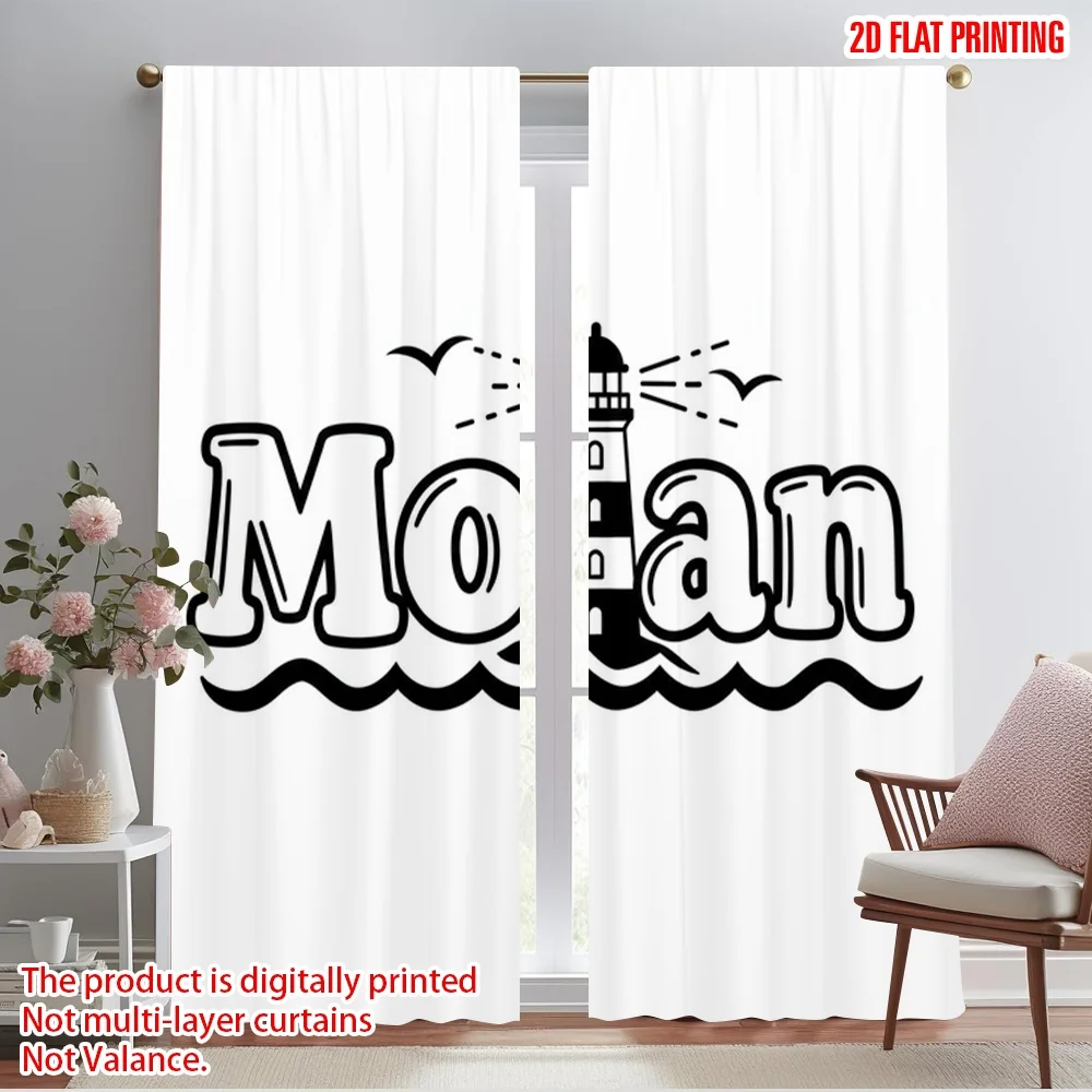 

2pcs 2D flat printing Curtains Moan Lighthouse Birds Waves Polyester Without Electricity 0 Perfect for Entryway Room Parties
