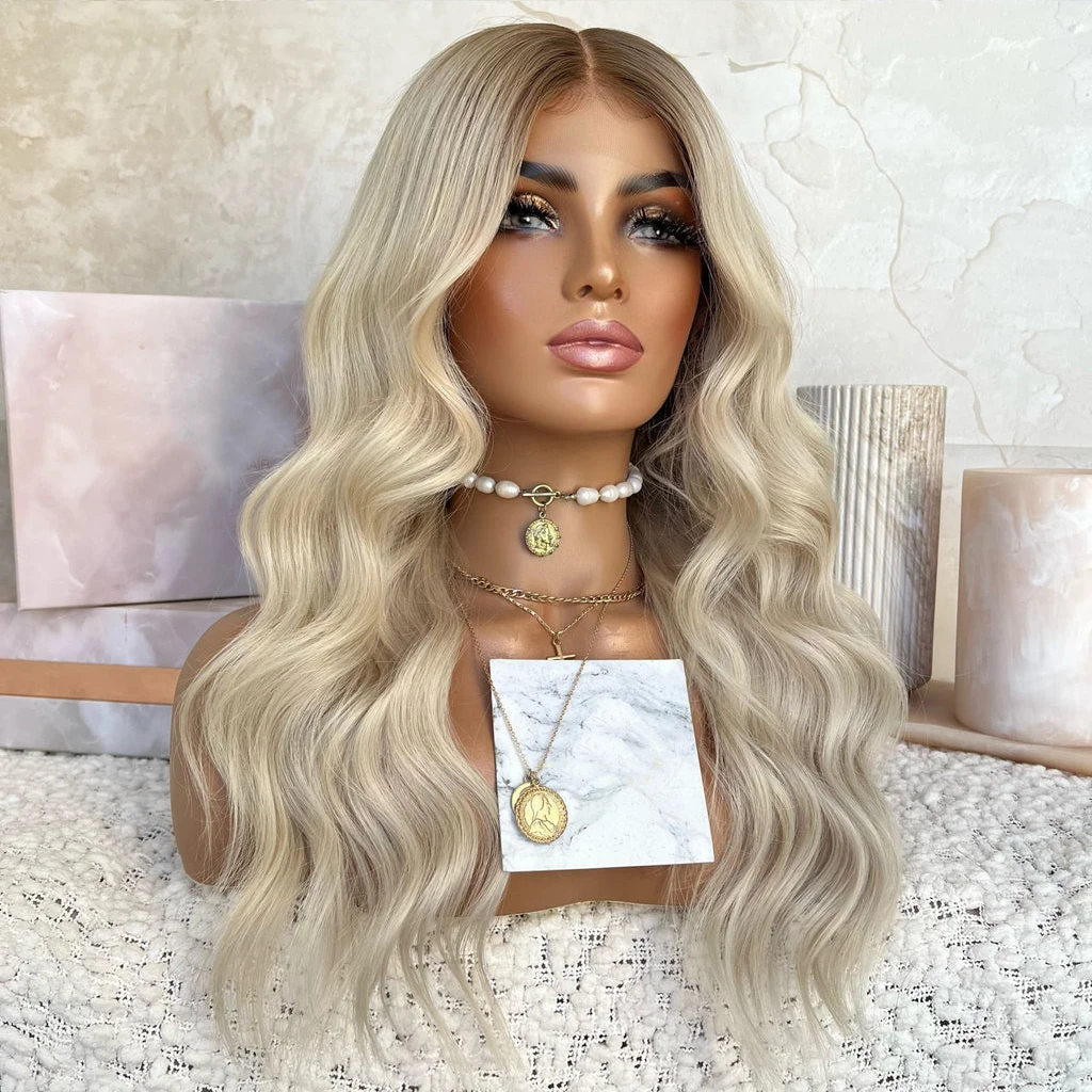 AIMEYA Body Wave Synthetic Lace Front Wig Ombre Blonde Synthetic Lace Wigs for Women Natural Hairline Brown Roots Cosplay Used