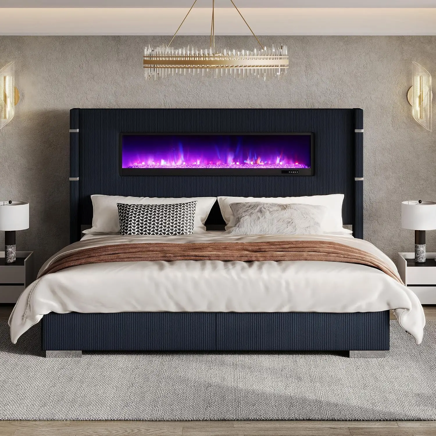 King Bed Frame with Fireplace & Upholstered Headboard, Customized