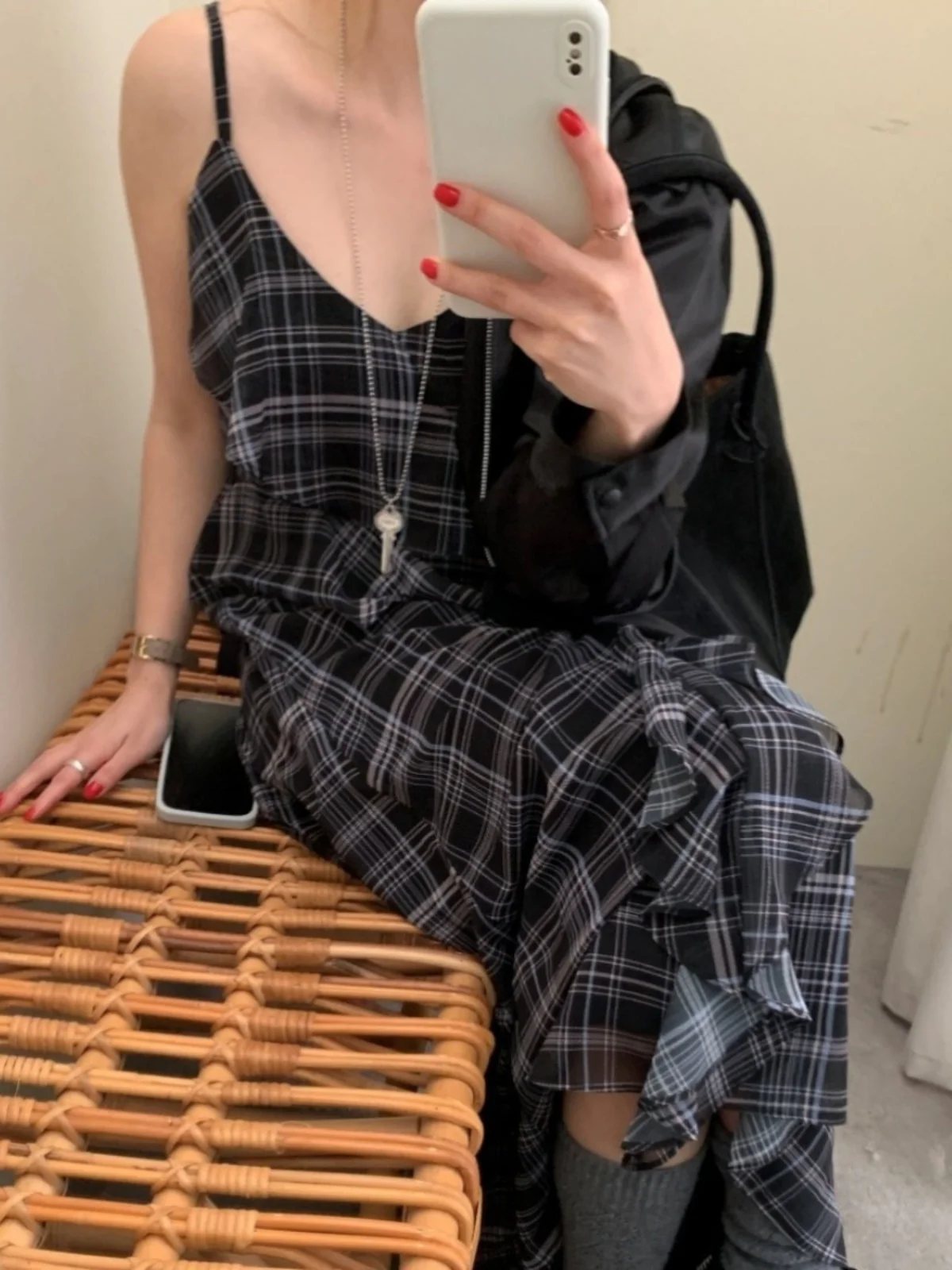 Vestido f e xadrez estilo coreano, camada base emaecedora, vestido longo com mangas de sino, decote em v, cin...