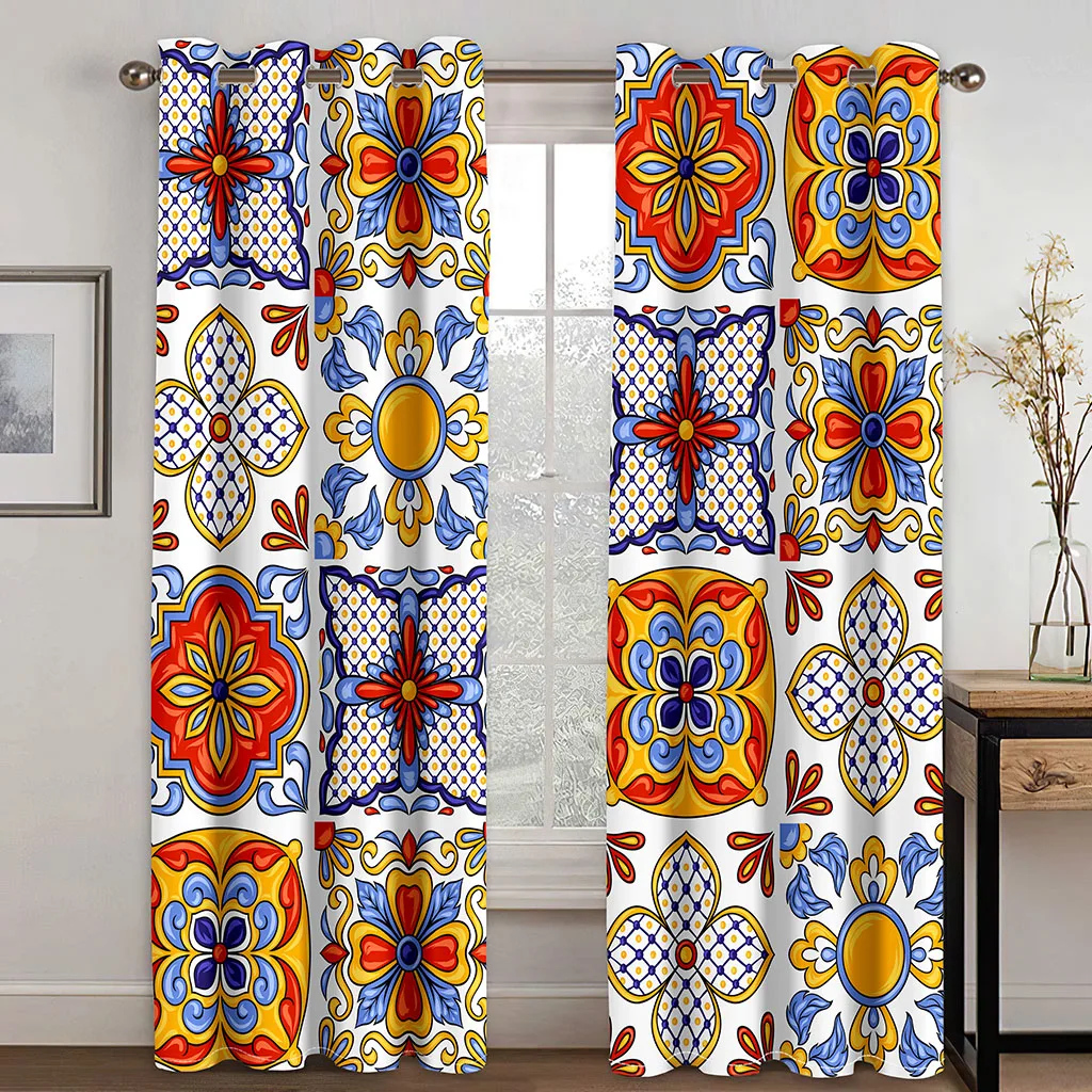 European Bohemian Style Color Grid Print Curtains 2 Panel Moroccan Home Living Room Bedroom Study Window Decoration image 5
