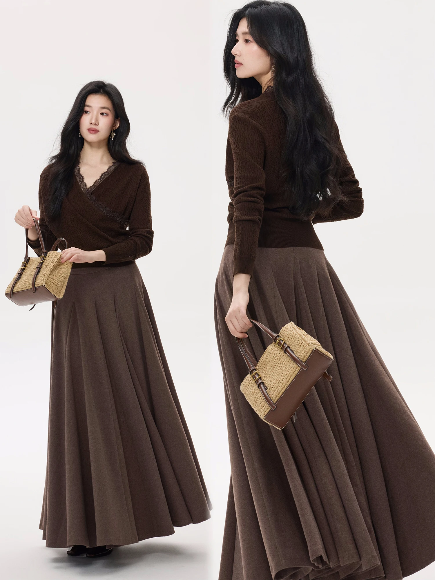 

Warm Woolen Knitted Sweater Women's Long Sve V-Ne Lace Splicing Winter Faion Sensation Coffee Color Commute Sle Slim...