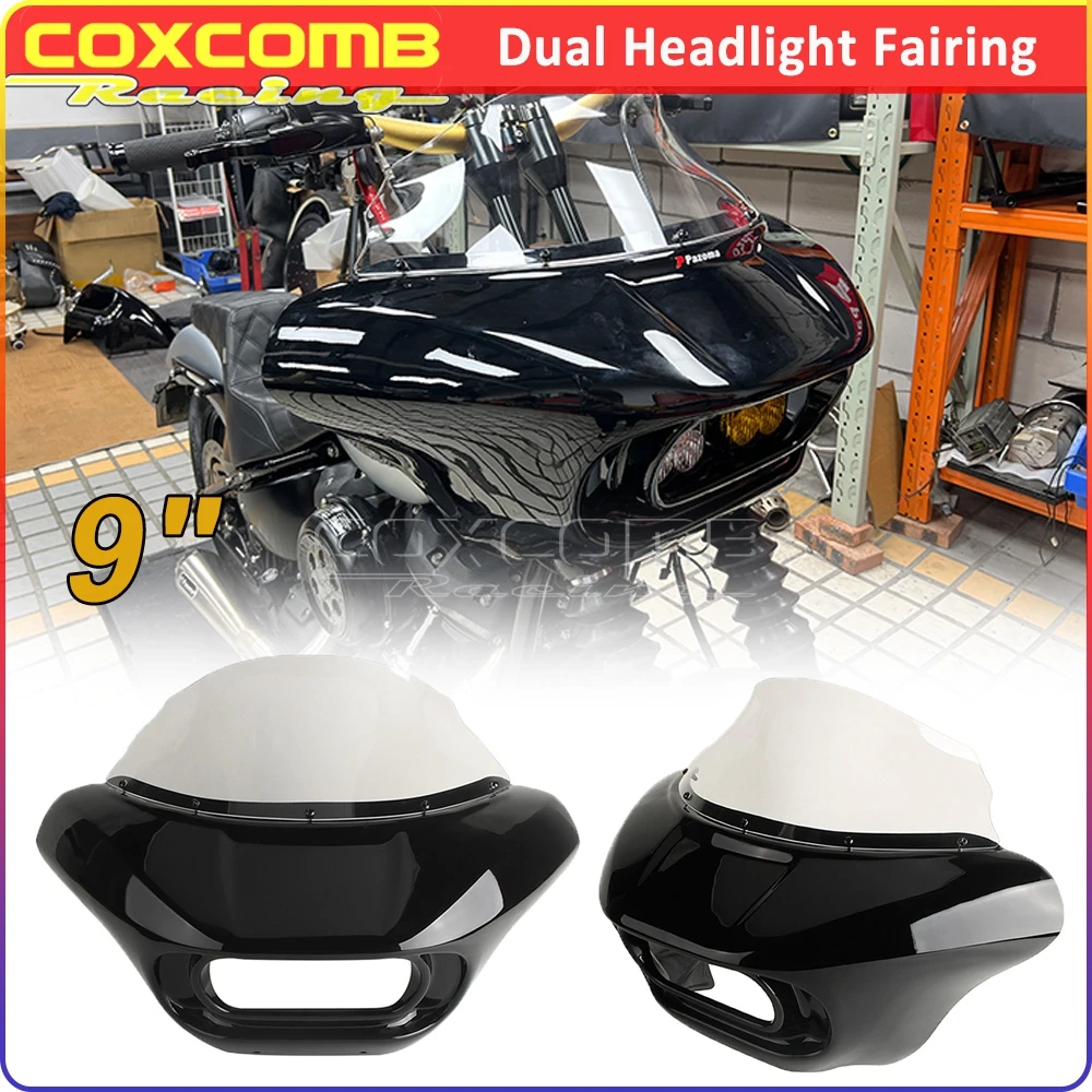 

Motorcycle 9inch Headlight Windscreen Fairing Dual Headlamp Cowl Mask Cover For Harley Softail M8 Low Rider FXLR FXBB FXBBS FXST