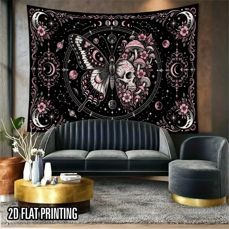 Bohemian Gothic Skull Butterfly Moon Tapestry Wall Hanging Boho Aesthetic Room Decor Art Print Tapestry Fairy Grunge Celestial P