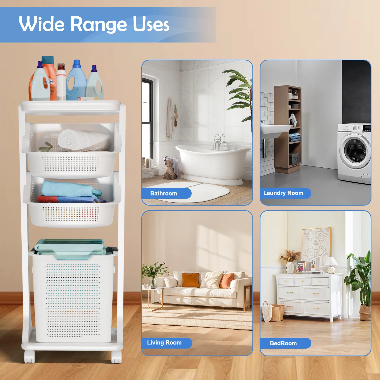2/3단 이동식 세탁 바구니, 휴대용 롤링 세탁통, 세탁물 보관함 (탈부착 가능한 바구니 3개 및 바퀴 포함)