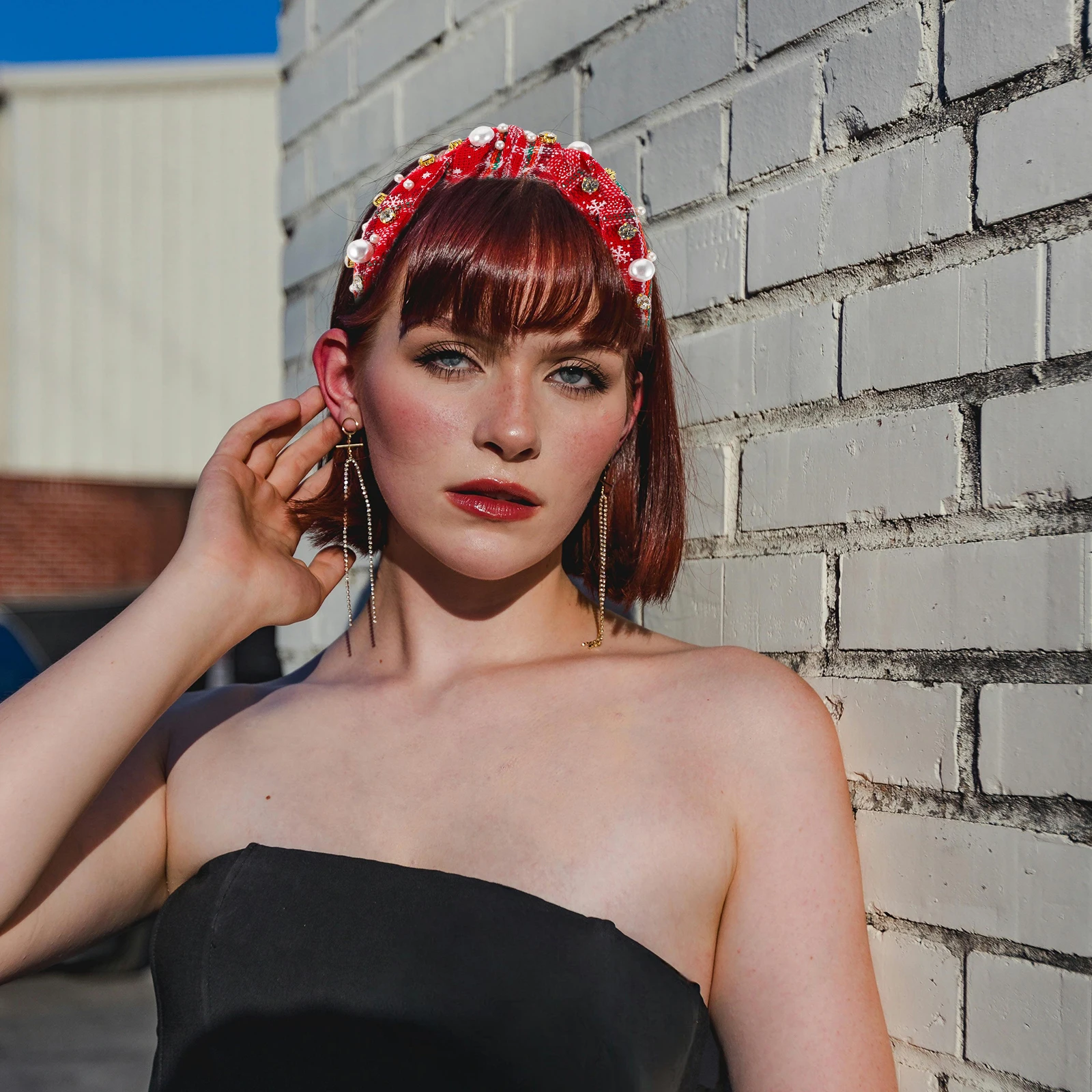 

Wide Christmas Headband for Women Retro Knotted Design with Faux Pearls and Rhinestones Holiday Fashionable Hairband Festive