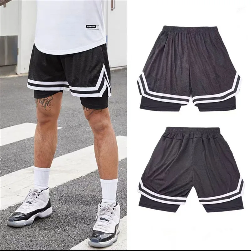 

Мужские баскетбольные шорты с тремя точками, искусственные дышащие быстросохнущие тренировочные шорты из двух частей