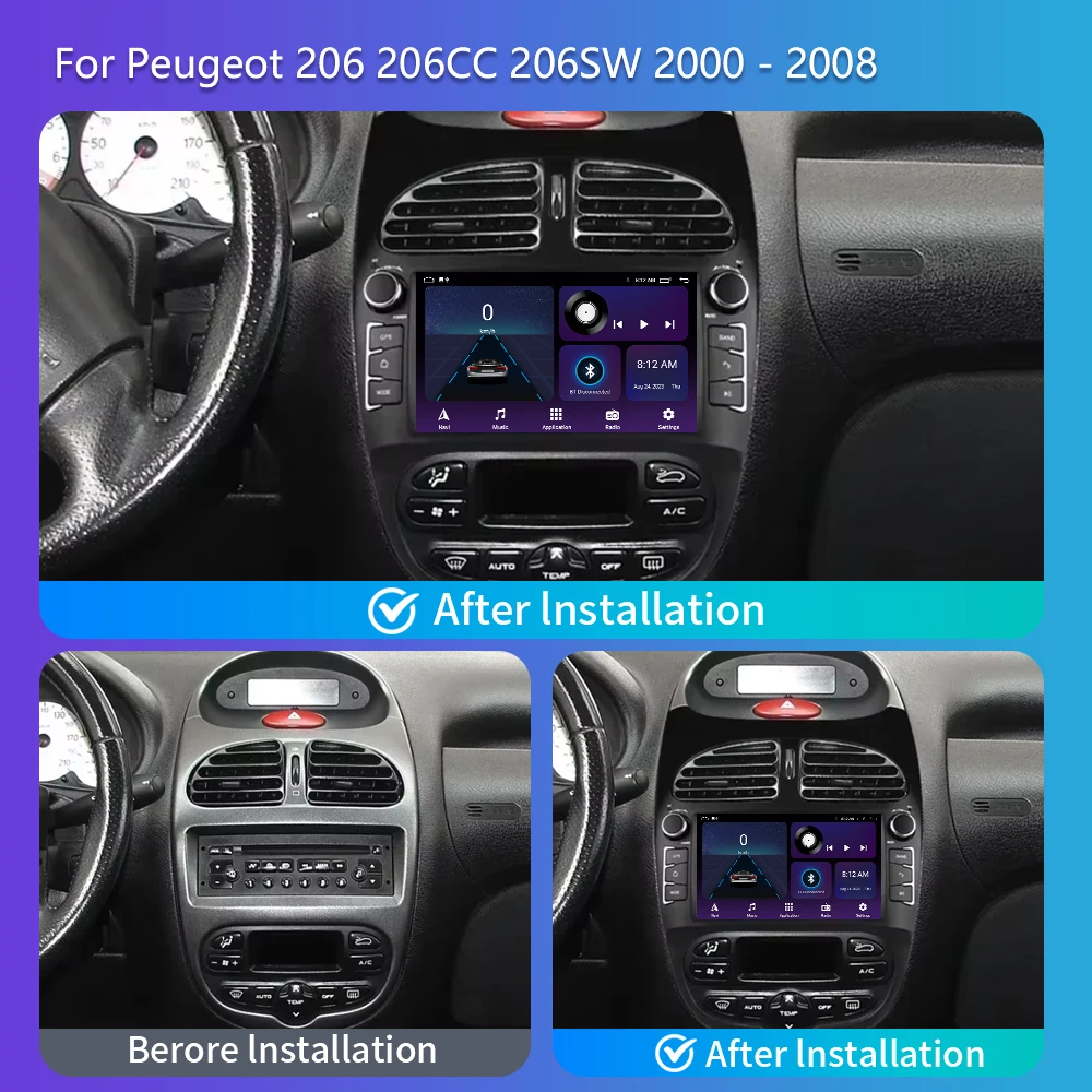 2 din Android 13 Car Radio For PEUGEOT 206 206CC 206SW 2000-2008 Auto Multimedia Player GPS Autoradio Carplay Navi 7inch Screen