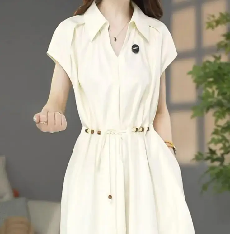 

Solid Color Slim Fit Dress with Summer Women's Lapel Design, Fashionable Beaded Lace Up Waist Cinched A-Line Sleeveless Dress