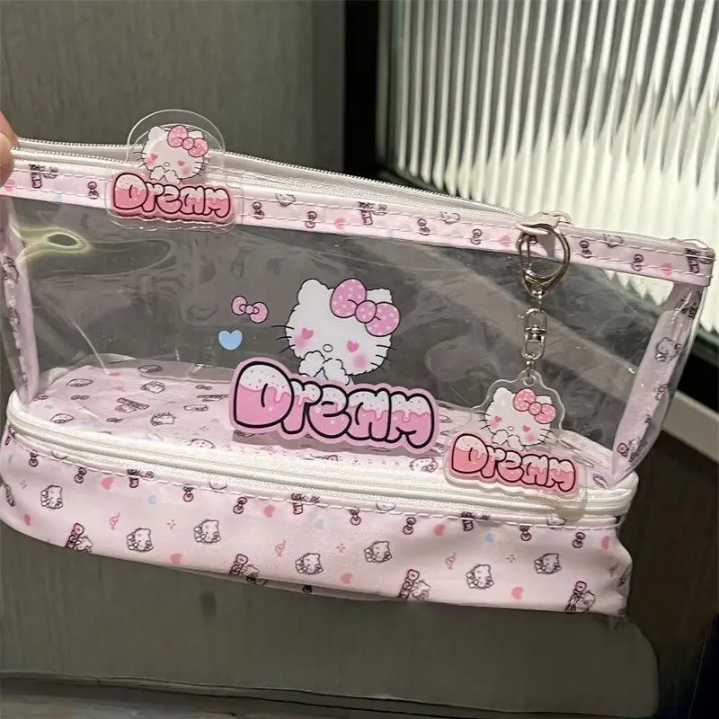Kawaii مرحبا كيتي طبقات مزدوجة مقلمة الكرتون سعة كبيرة طالب القرطاسية حقيبة أقلام مستحضرات التجميل حقيبة التخزين