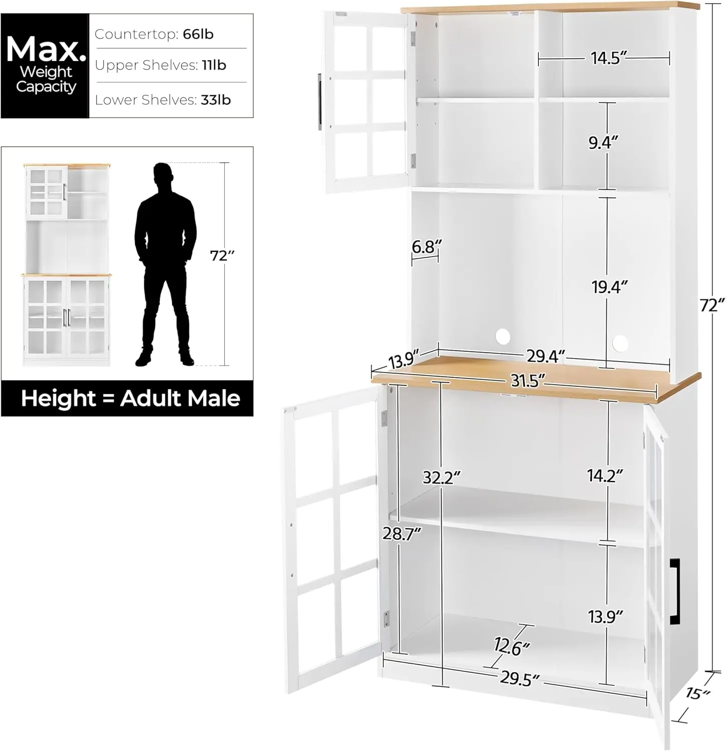 Kitchen Pantry Storage Cabinet with Hutch, 72'' Freestanding Buffet Cupboard with Large Countertop & Glass Doors & Adjustable